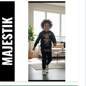 MAJESTIK Black Rhinestone FLY HIGH Bear Sweat Suit Child Set Size 7-8T NWOT